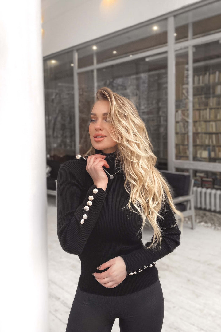 High Neck Ribbed Jumper with Buttons in Black