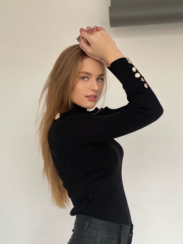 High Neck Ribbed Jumper with Buttons in Black