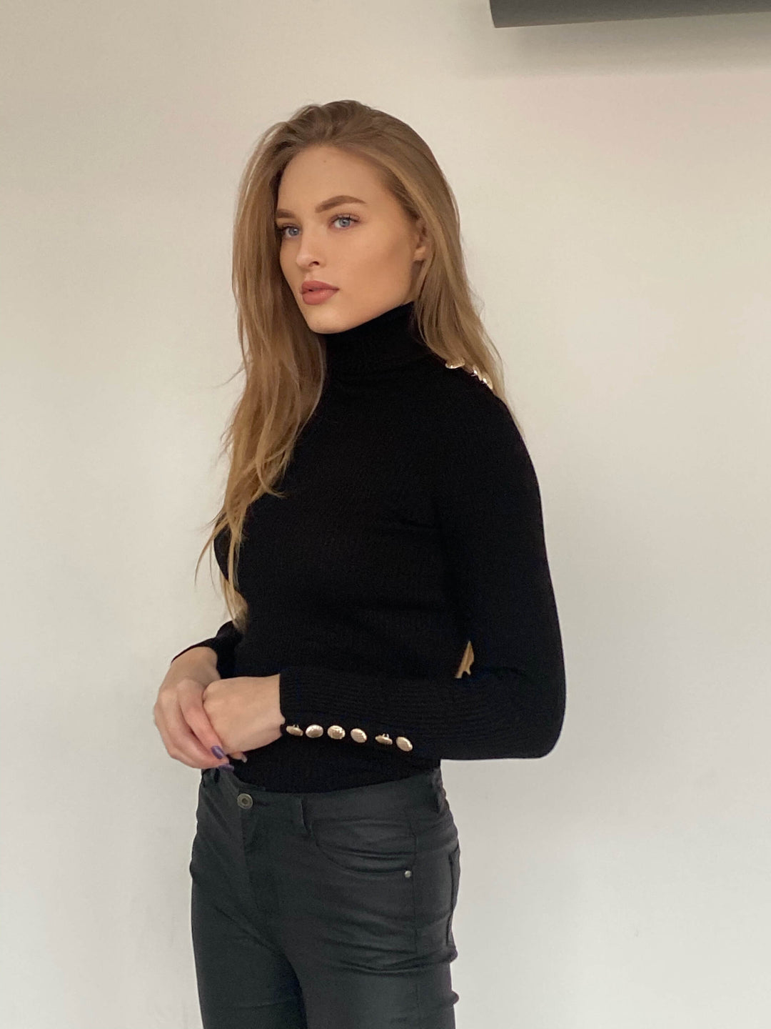 High Neck Ribbed Jumper with Buttons in Black