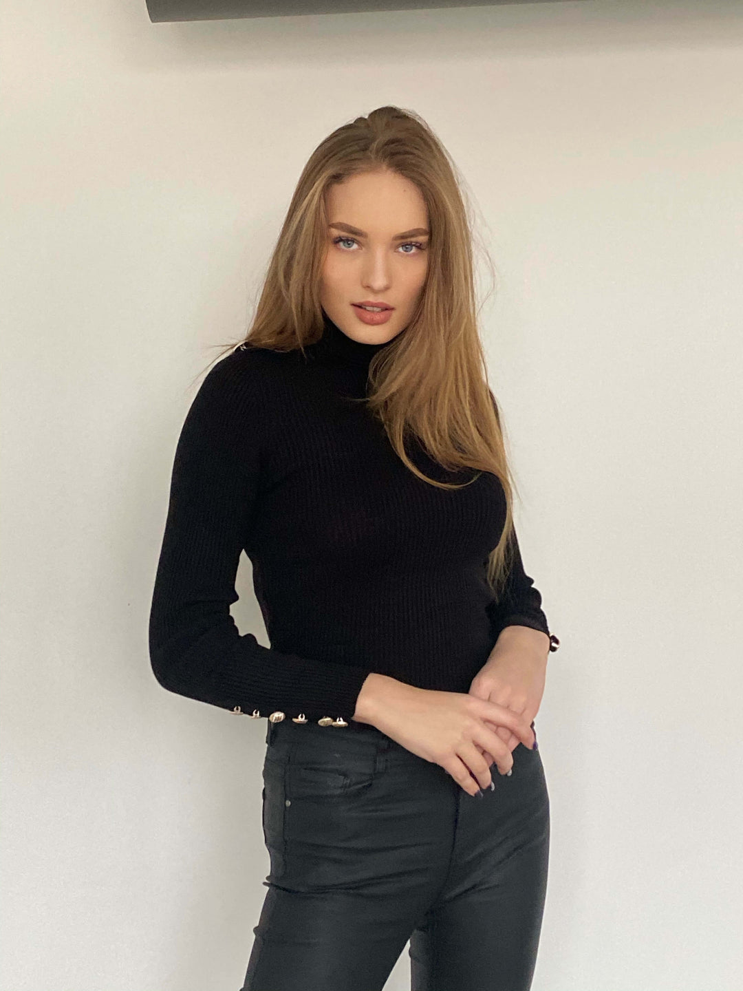 High Neck Ribbed Jumper with Buttons in Black