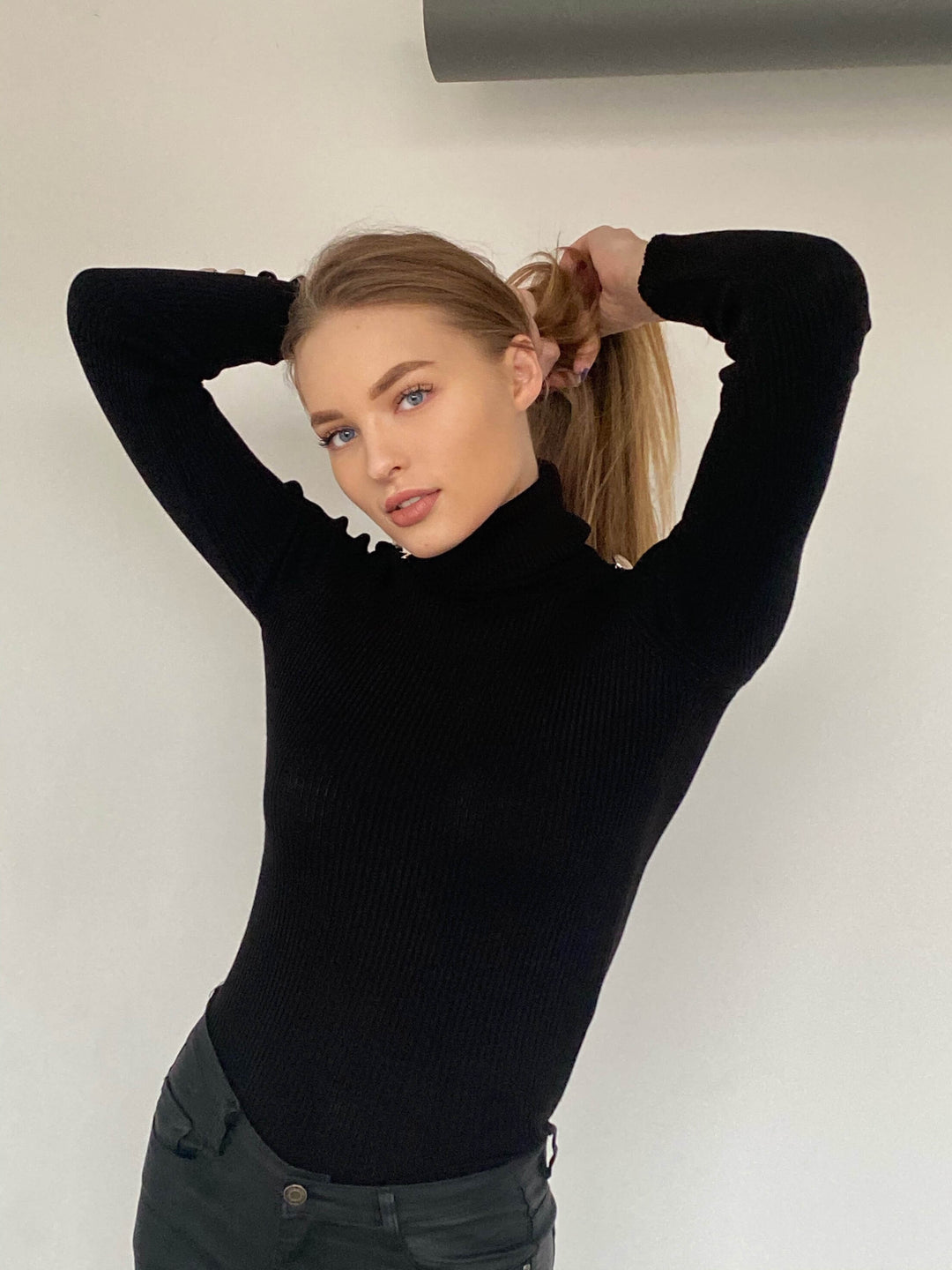 High Neck Ribbed Jumper with Buttons in Black