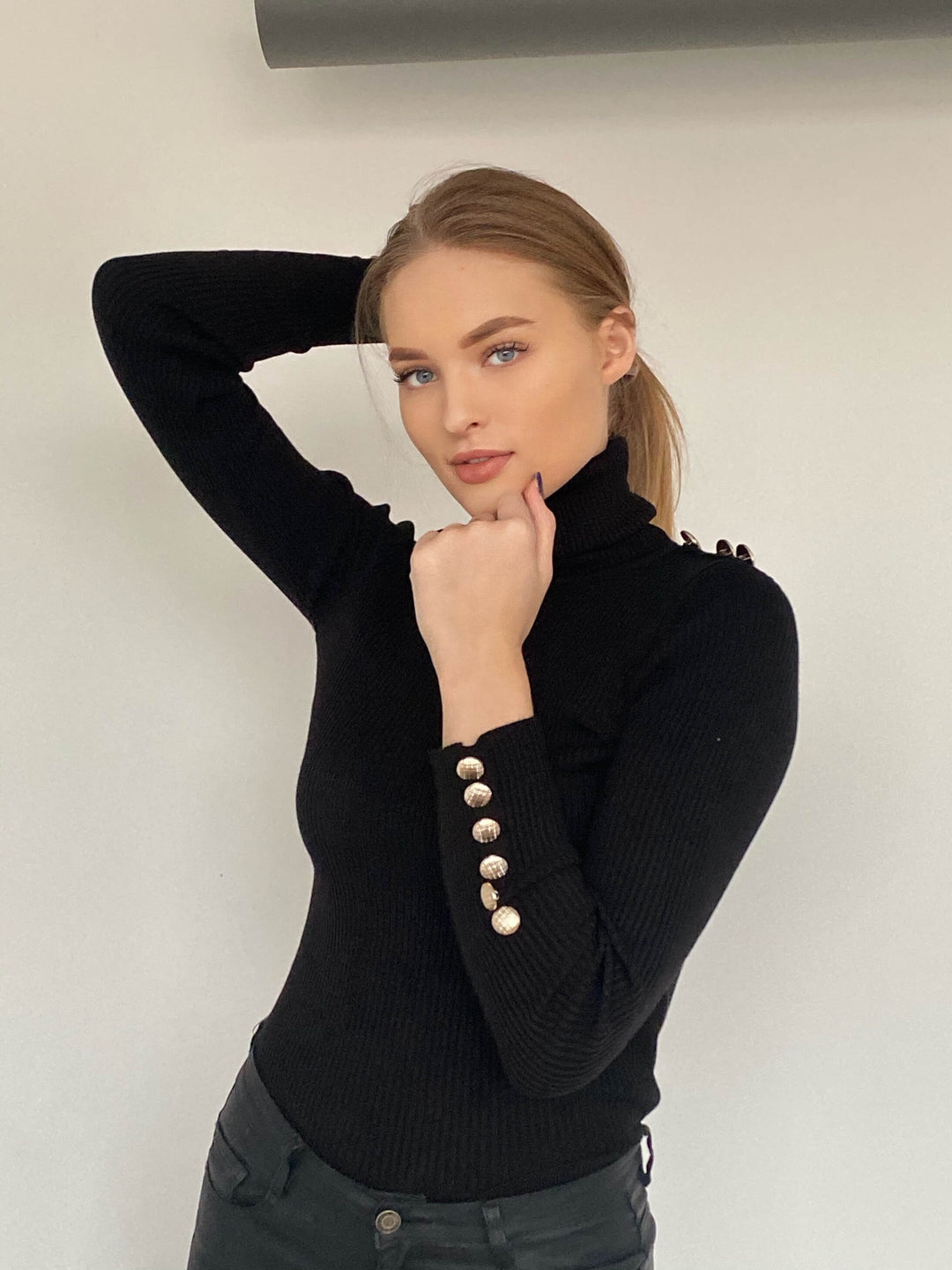 High Neck Ribbed Jumper with Buttons in Black