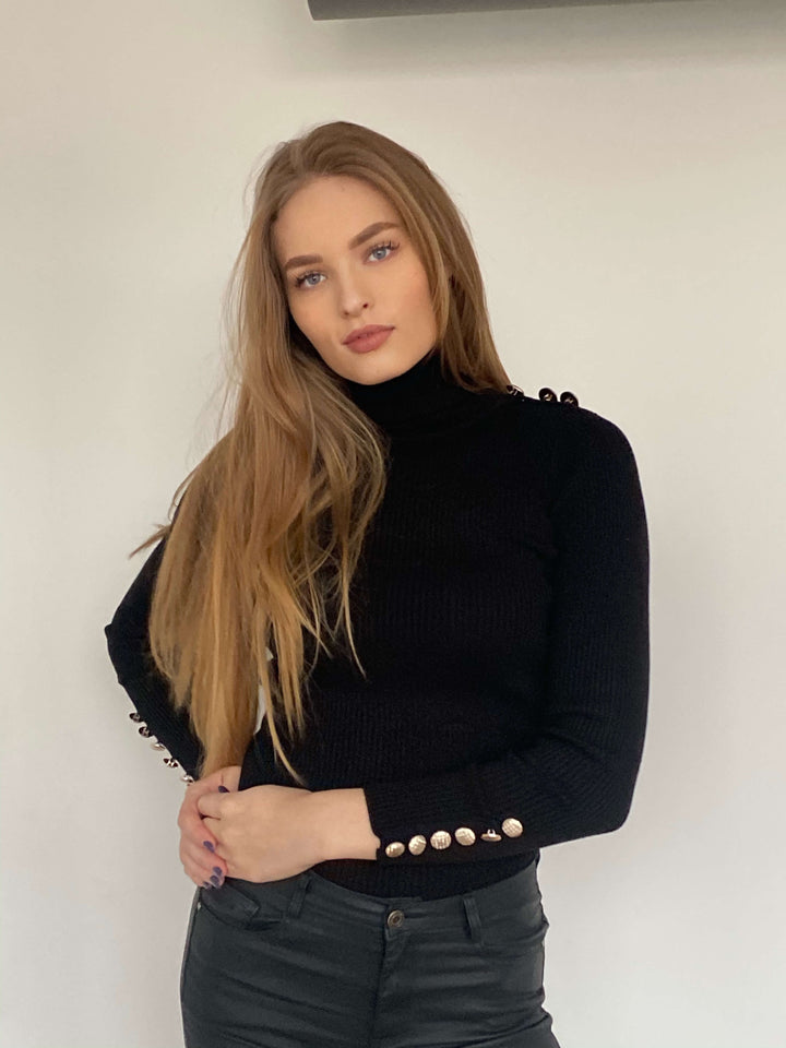 High Neck Ribbed Jumper with Buttons in Black