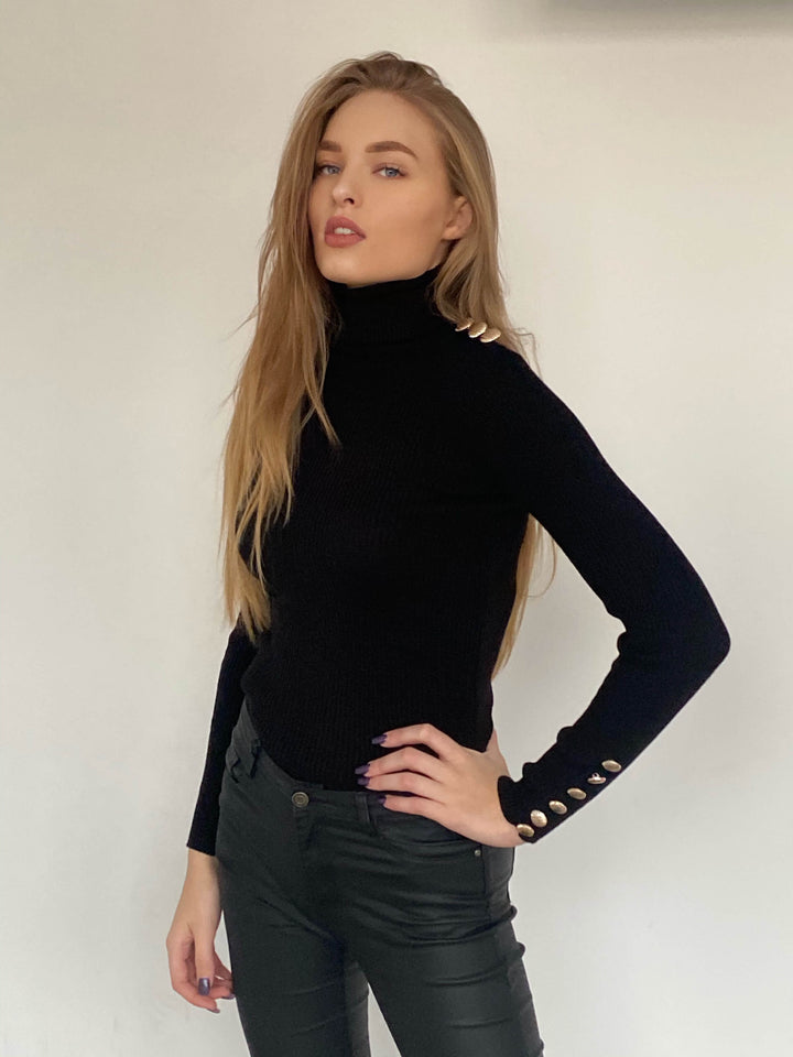 High Neck Ribbed Jumper with Buttons in Black