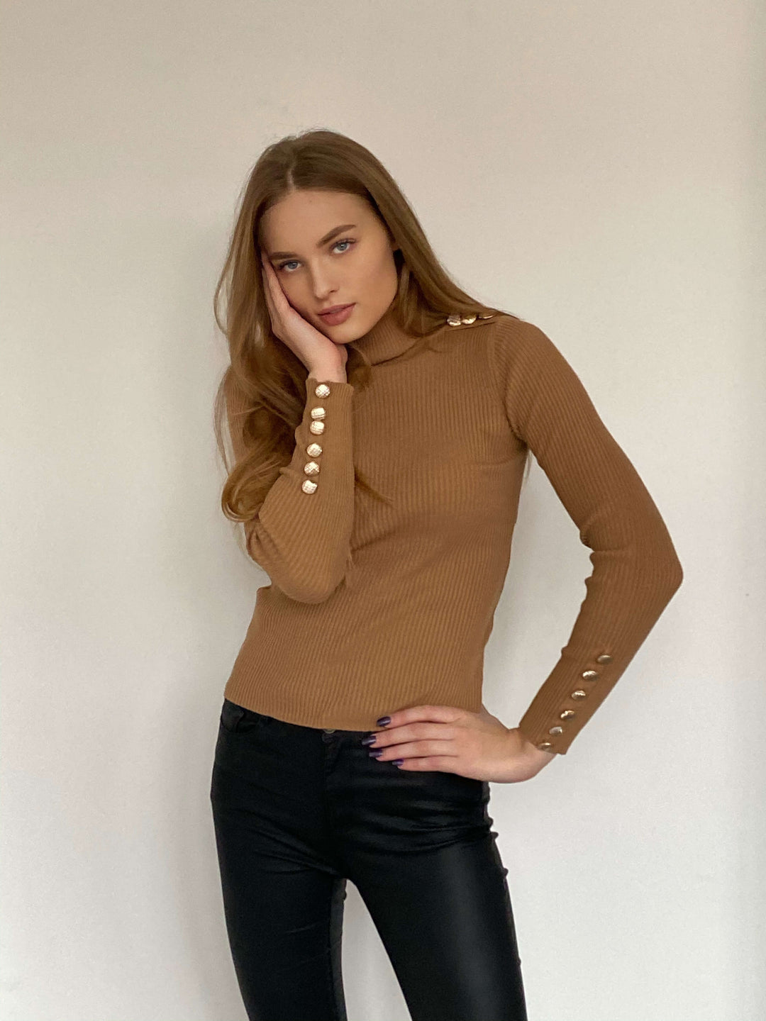 High Neck Ribbed Jumper with Buttons - Caramel