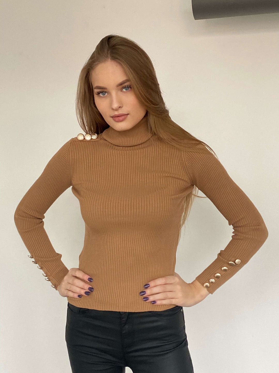 High Neck Ribbed Jumper with Buttons - Caramel