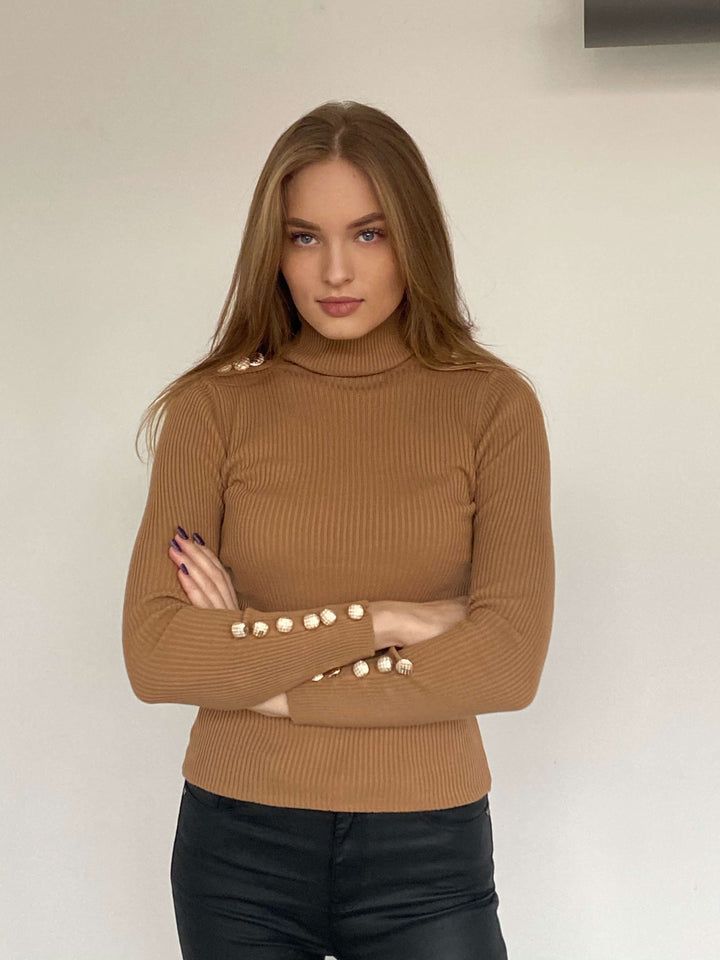 High Neck Ribbed Jumper with Buttons - Caramel