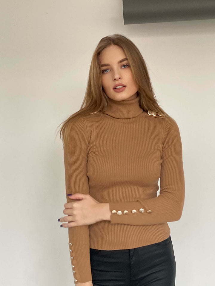 High Neck Ribbed Jumper with Buttons - Caramel