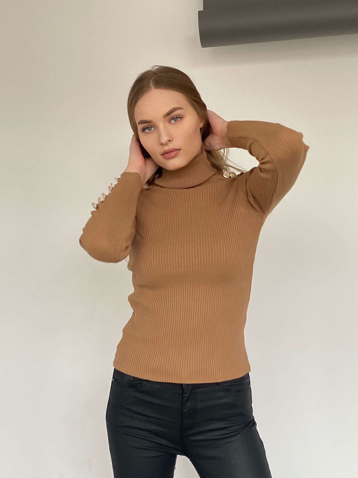 High Neck Ribbed Jumper with Buttons - Caramel