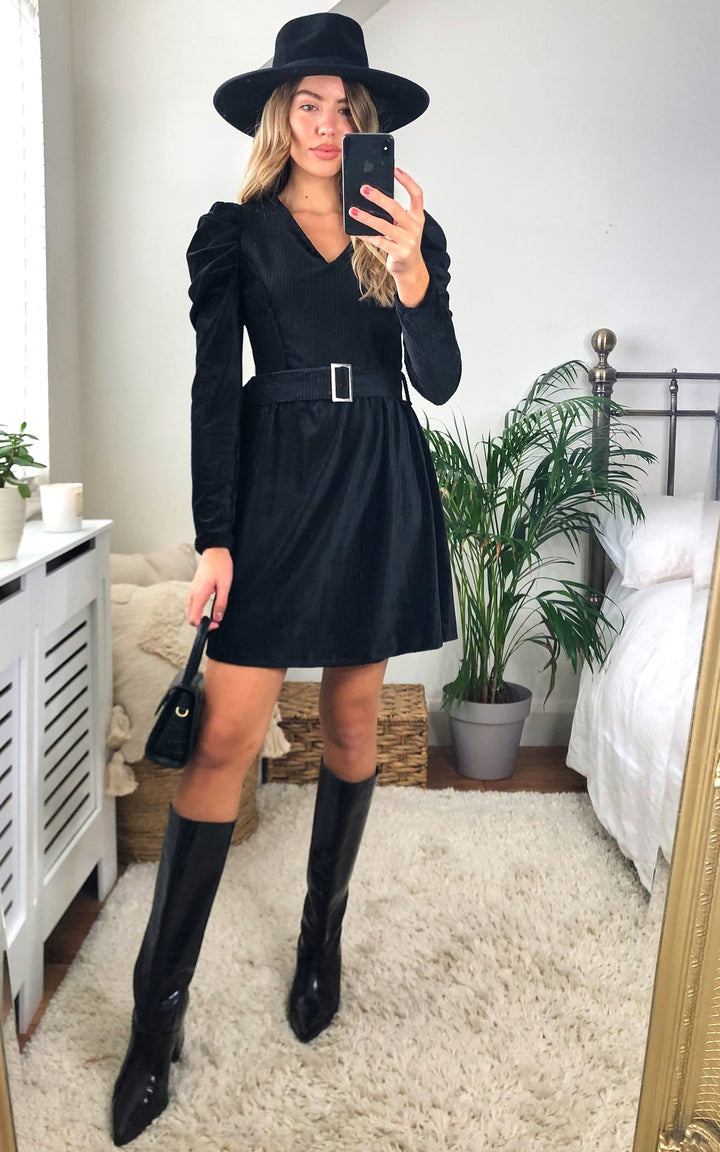 Black Wrap Mini Dress with Puff Shoulders