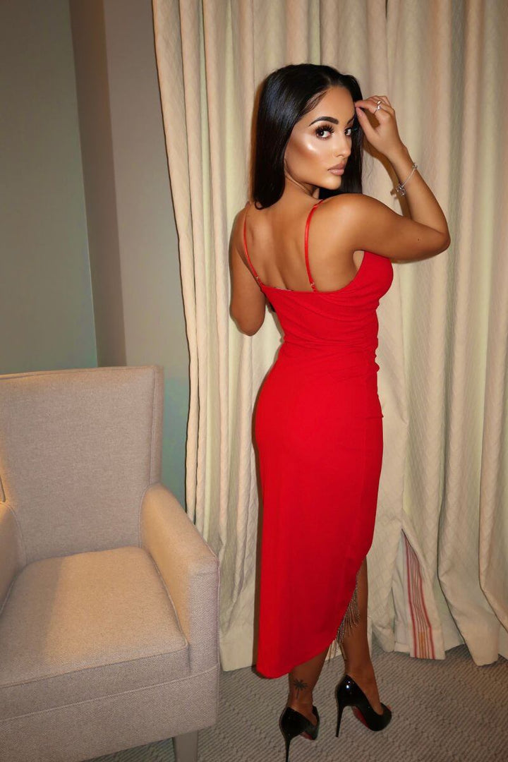 RED CHAIN TRIM THIGH SPLIT STRAPPY MIDI DRESS