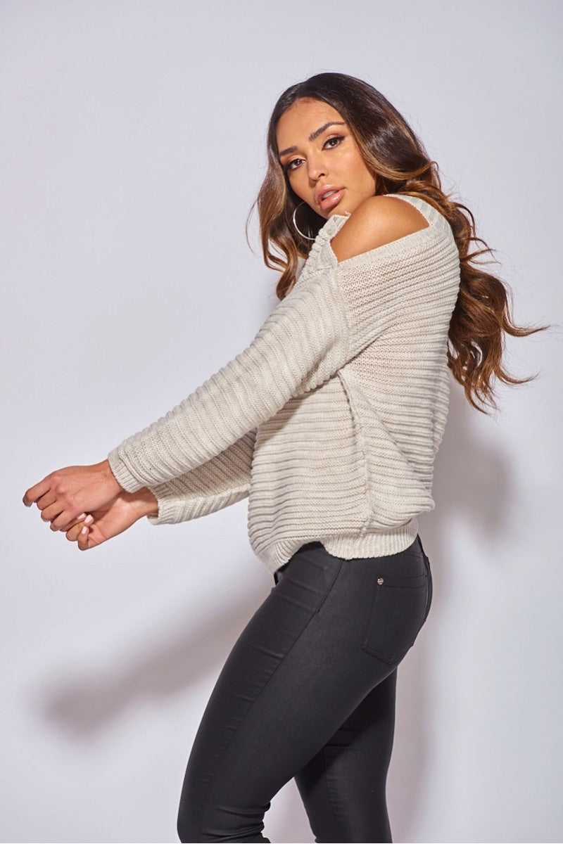 Beige Cold Shoulder Round Neck Jumper