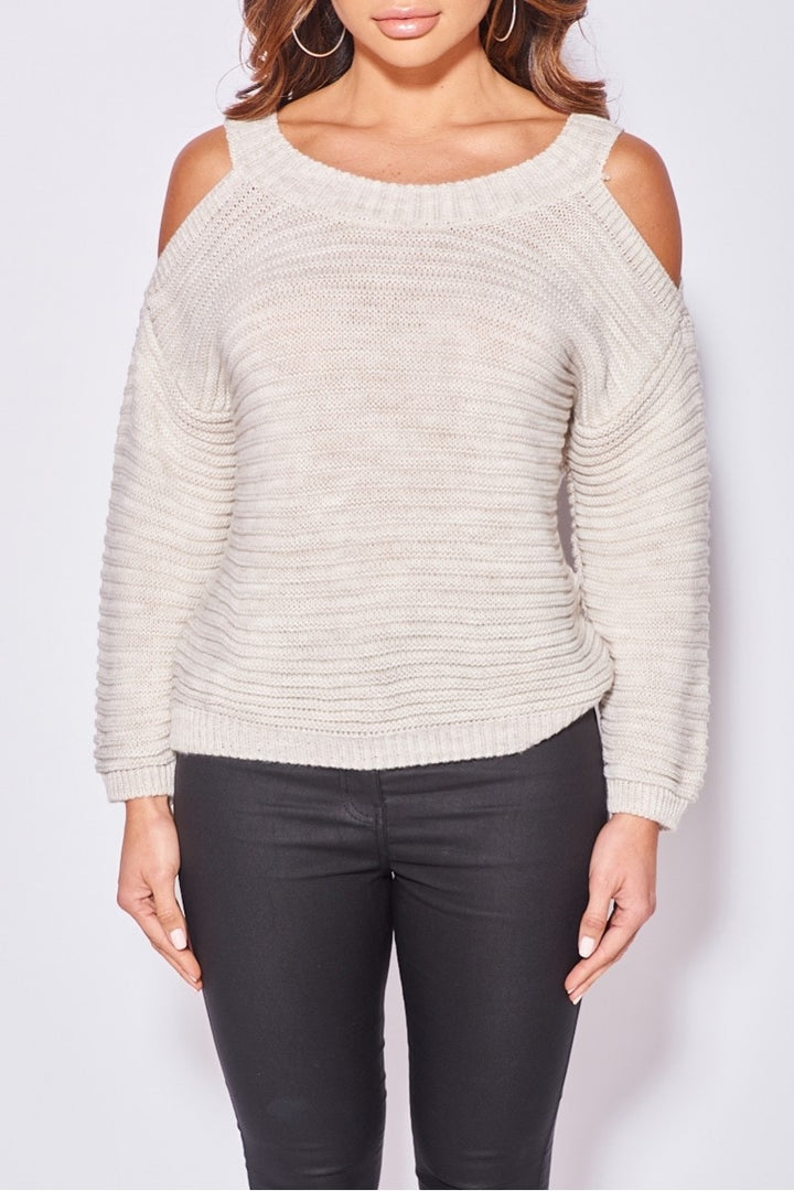 Beige Cold Shoulder Round Neck Jumper