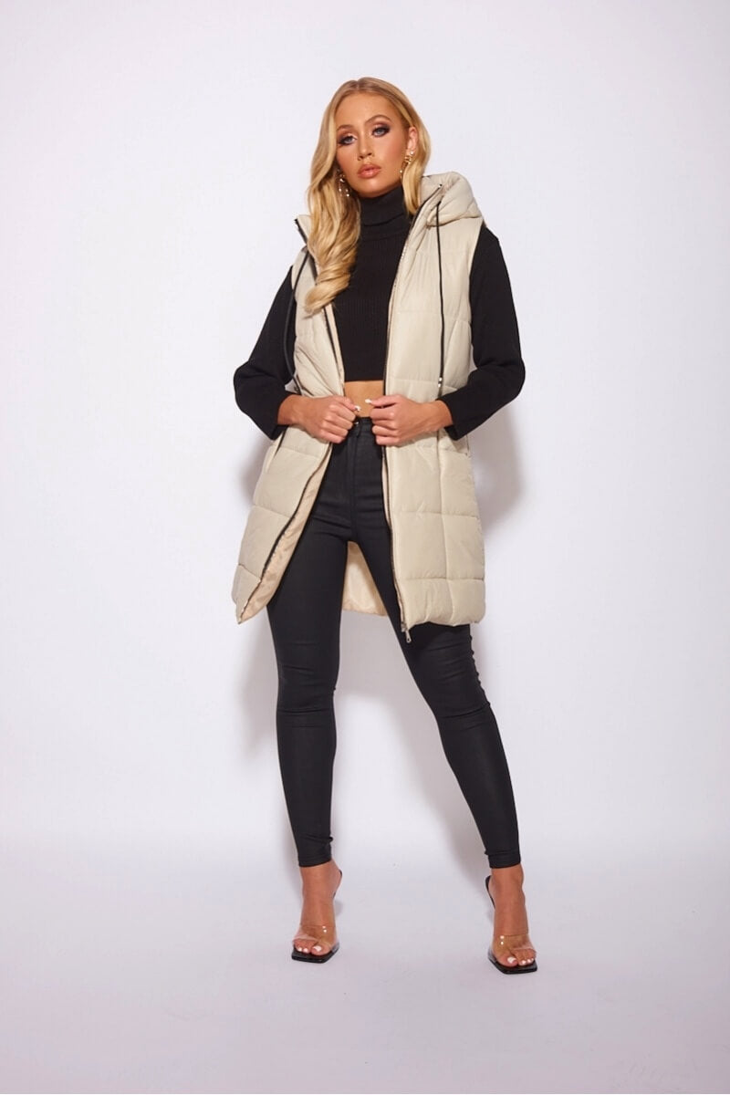 Beige Hooded Zip Front Midi Gilet
