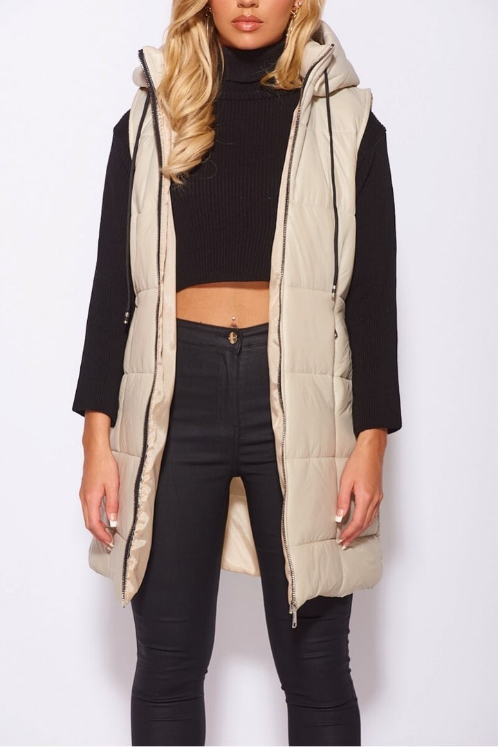 Beige Hooded Zip Front Midi Gilet