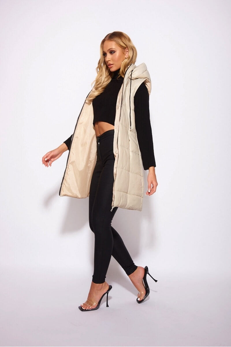 Beige Hooded Zip Front Midi Gilet