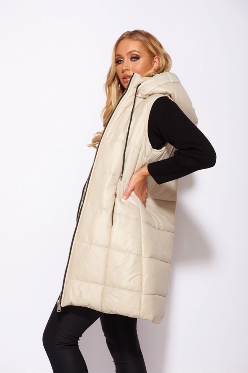 Beige Hooded Zip Front Midi Gilet