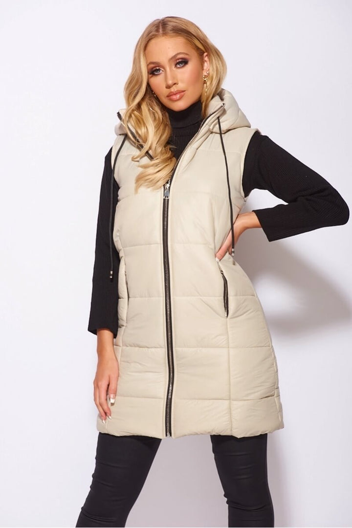 Beige Hooded Zip Front Midi Gilet