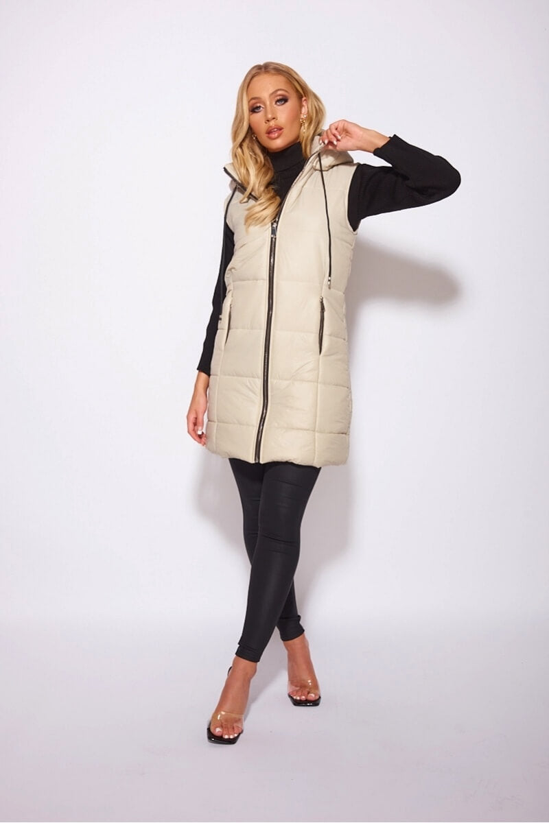 Beige Hooded Zip Front Midi Gilet