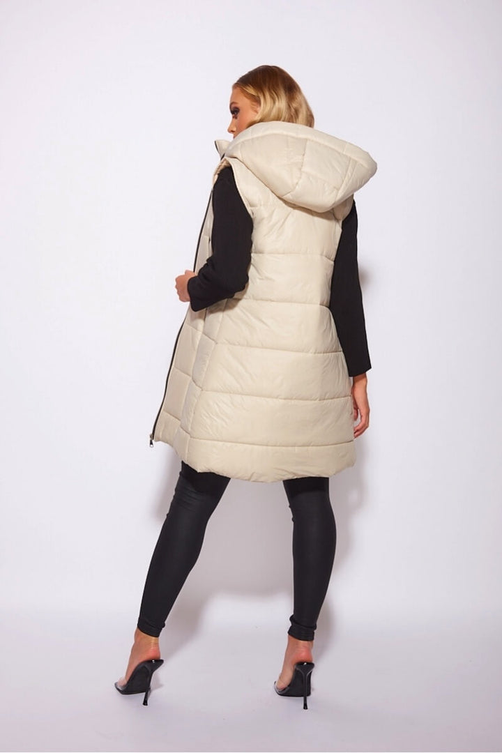 Beige Hooded Zip Front Midi Gilet