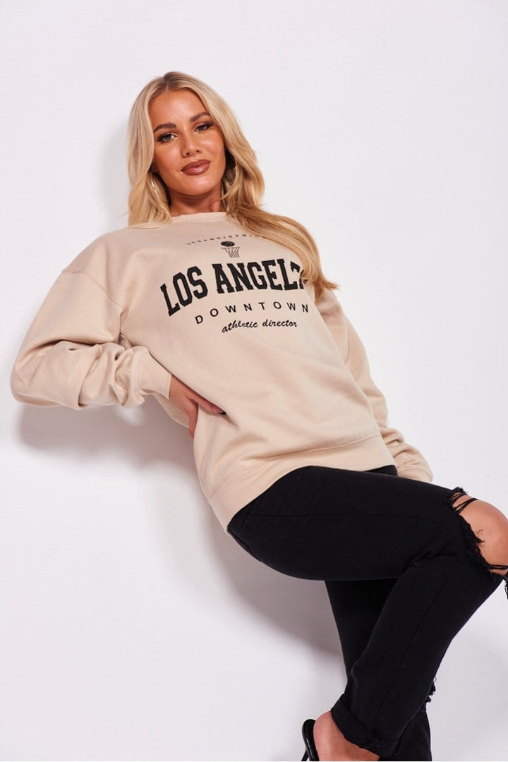 Beige Los Angeles Slogan Oversized Sweatshirt