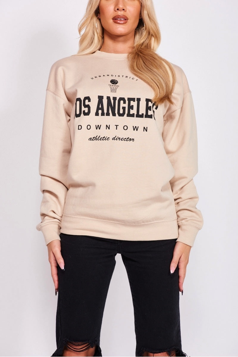 Beige Los Angeles Slogan Oversized Sweatshirt