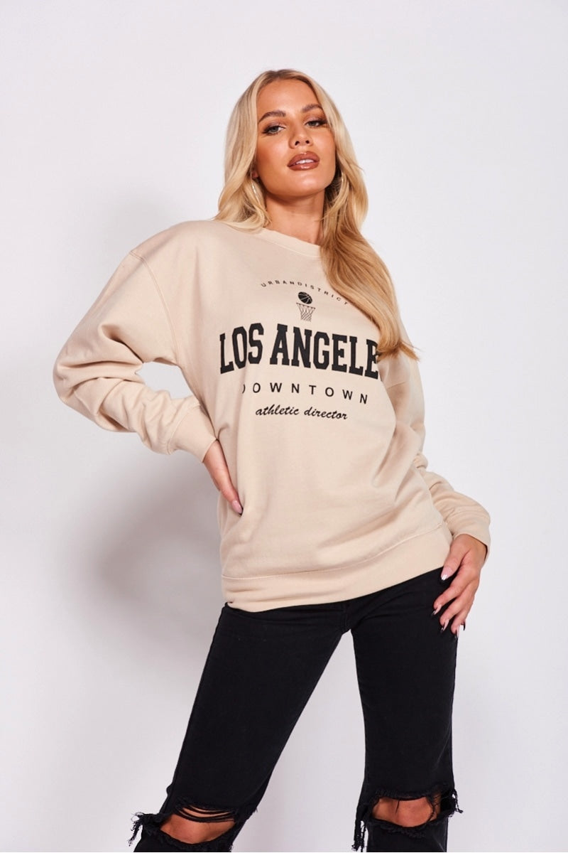 Beige Los Angeles Slogan Oversized Sweatshirt