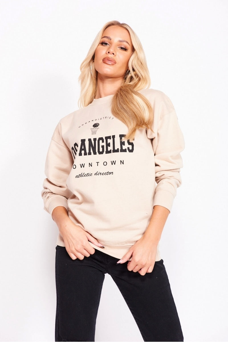 Beige Los Angeles Slogan Oversized Sweatshirt