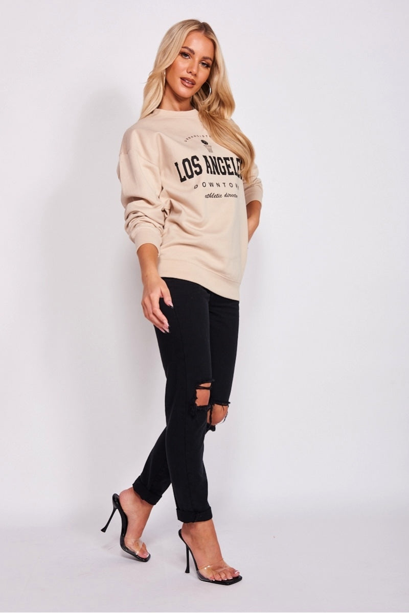 Beige Los Angeles Slogan Oversized Sweatshirt