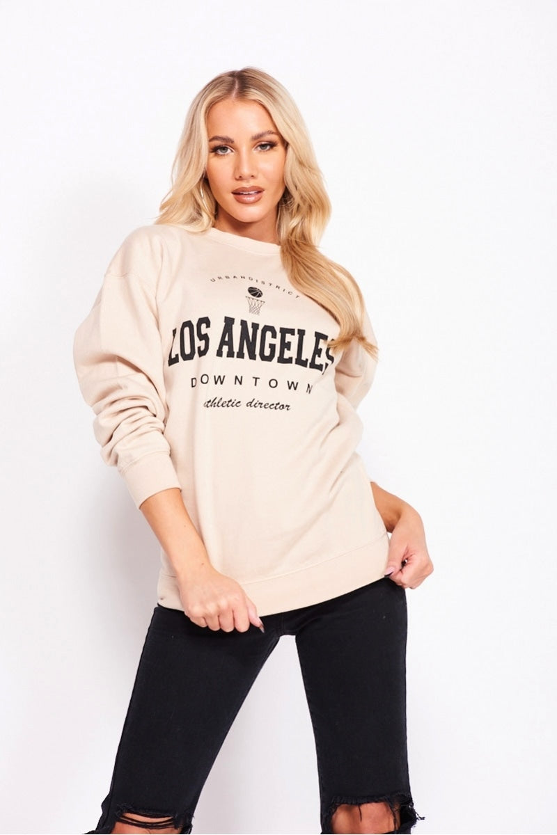 Beige Los Angeles Slogan Oversized Sweatshirt