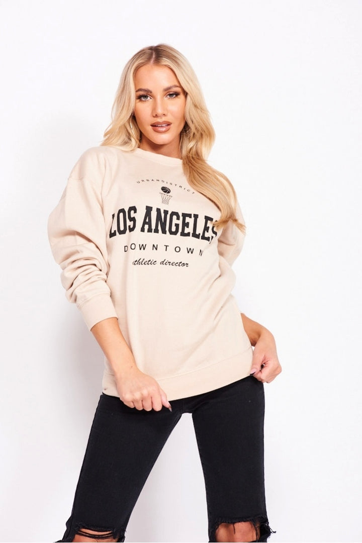 Beige Los Angeles Slogan Oversized Sweatshirt