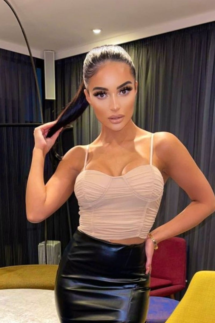 Beige Mesh Ruched Bust Cup Crop Top