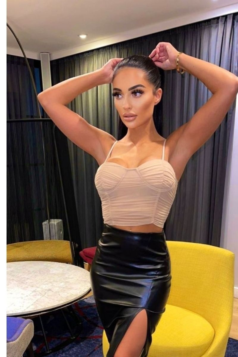 Beige Mesh Ruched Bust Cup Crop Top