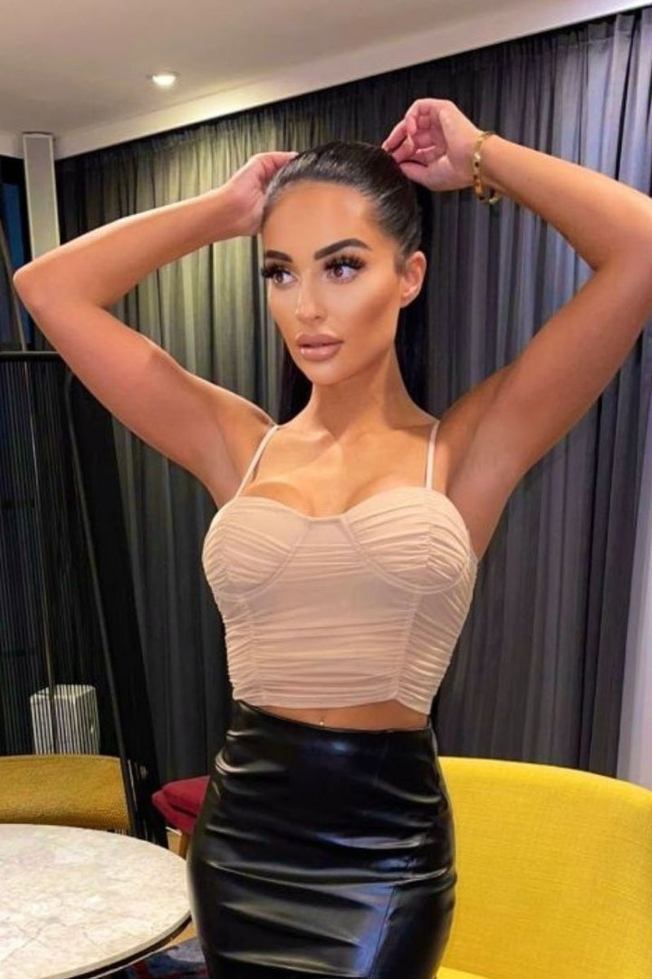 Beige Mesh Ruched Bust Cup Crop Top