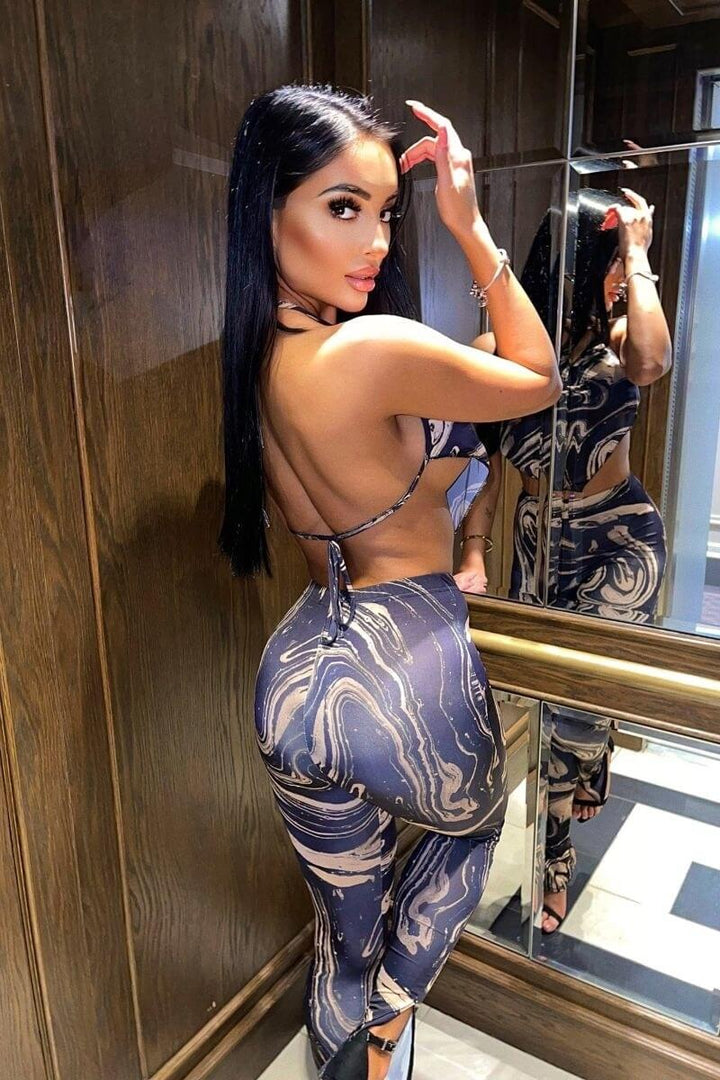 Haut court et legging à motif marbré noir et beige avec mouchoir