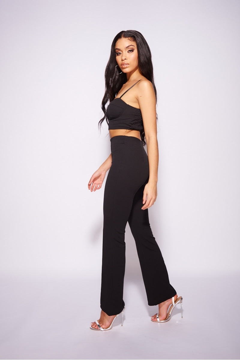 Black Bra Cup Strappy Cropped Top & Flared Trouser Set
