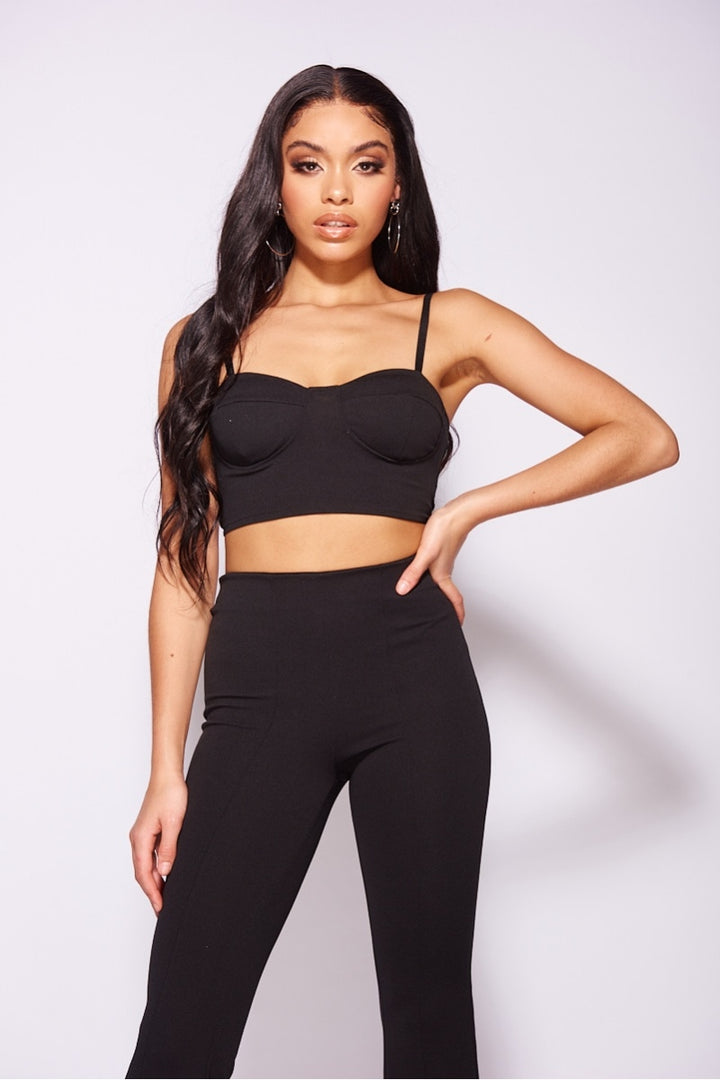 Black Bra Cup Strappy Cropped Top & Flared Trouser Set