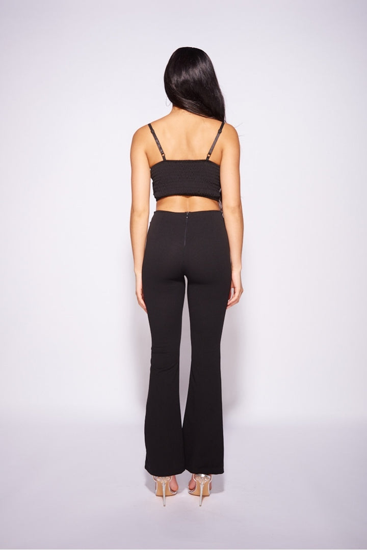 Black Bra Cup Strappy Cropped Top & Flared Trouser Set