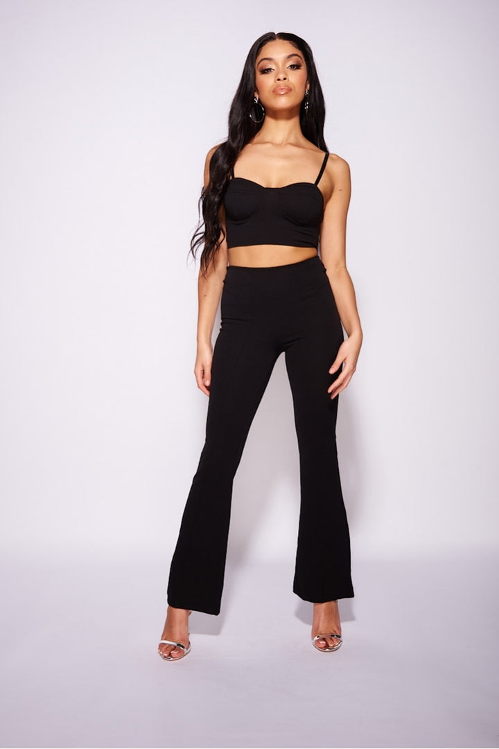 Black Bra Cup Strappy Cropped Top & Flared Trouser Set