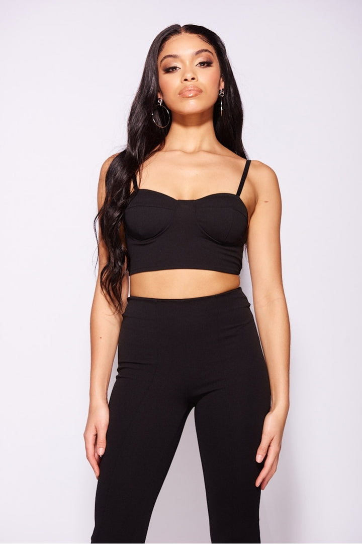 Black Bra Cup Strappy Cropped Top & Flared Trouser Set