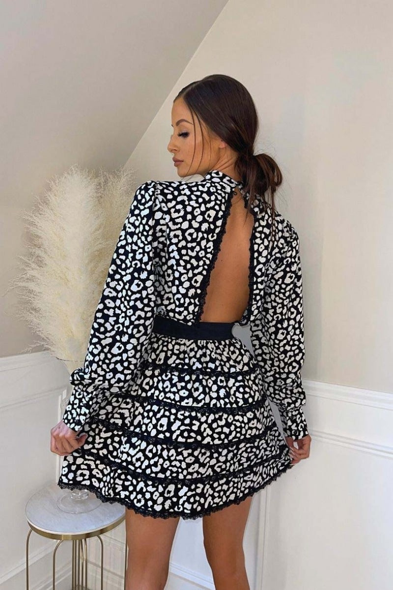 Black Clinched Waist Open Back Mini Dress