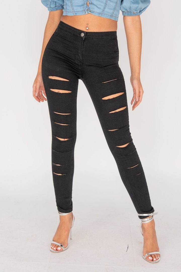 Black Distressed Multi Slash High Waisted Jegging
