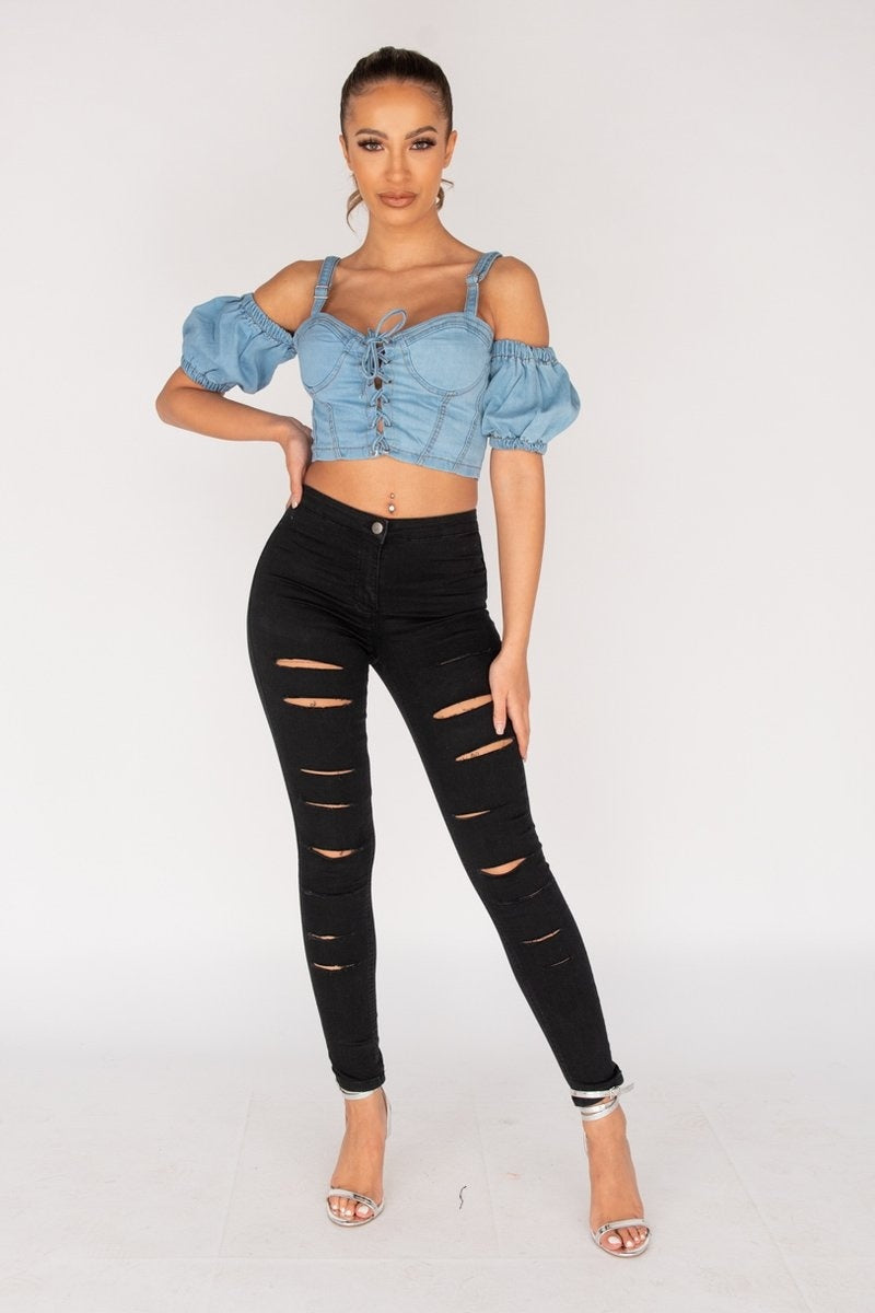 Black Distressed Multi Slash High Waisted Jegging