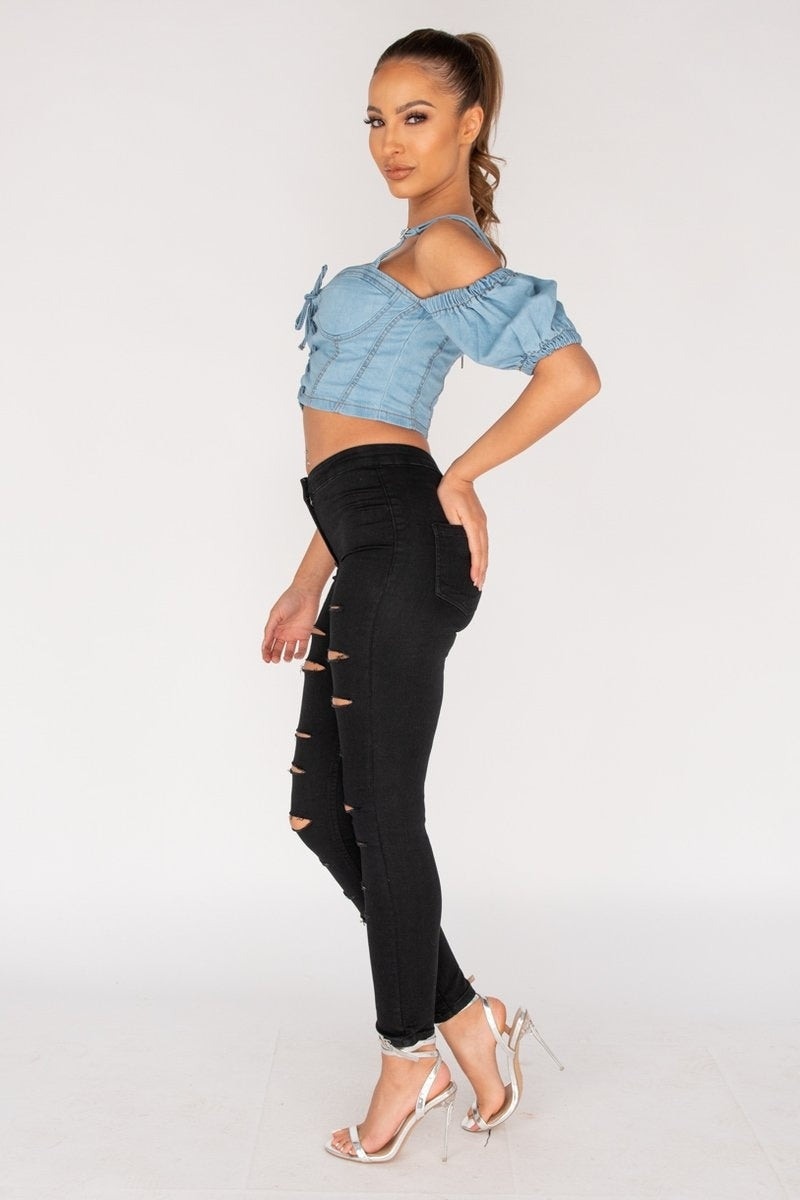 Black Distressed Multi Slash High Waisted Jegging