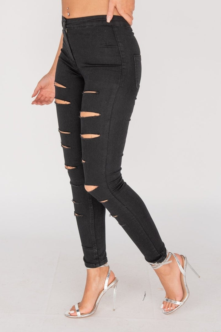 Black Distressed Multi Slash High Waisted Jegging