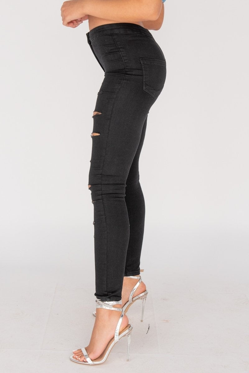 Black Distressed Multi Slash High Waisted Jegging