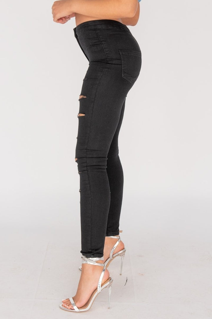 Black Distressed Multi Slash High Waisted Jegging