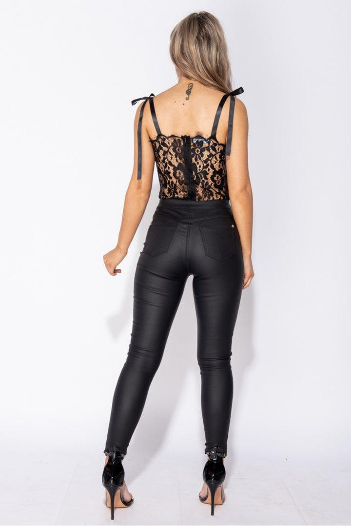 Black Lace Eyelash Ribbon Tie Plunge Front Bodysuit