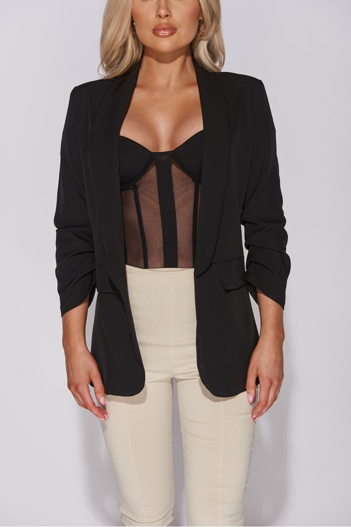 Black Lapel Detail Ruched Sleeve Blazer