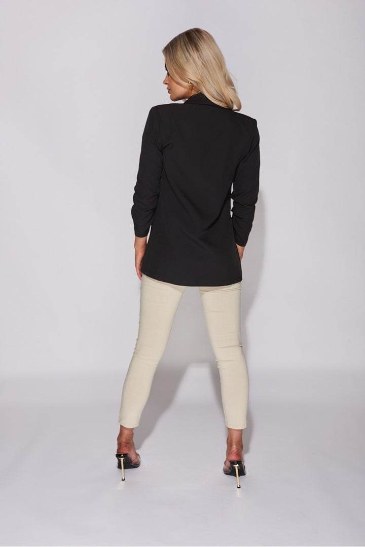 Black Lapel Detail Ruched Sleeve Blazer